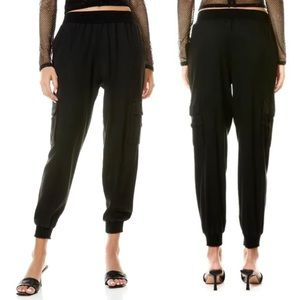 Alice + Olivia | ‘Dede’ Black Smocked Waistband Slinky Twill Cargo Jogger Pants